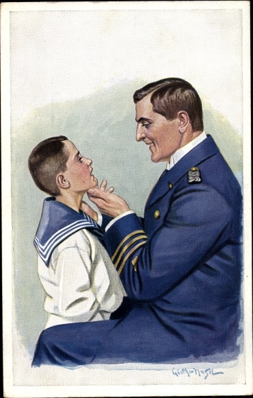 Artist PC Nagel, Günther, quite the papa, German admiral with son in sailor home