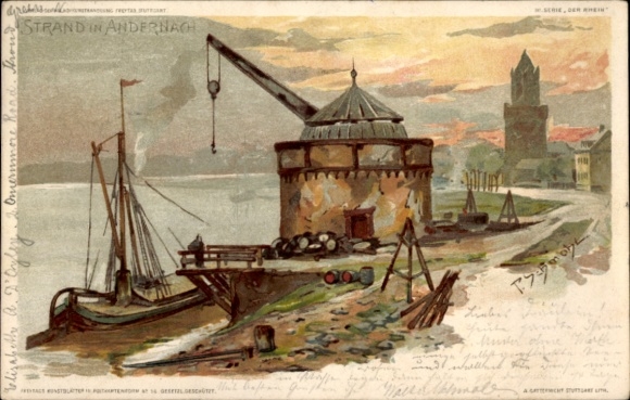 Postcard Andernach am Rhein, harbor view, crane, boat ramp, houses in the background, sunset