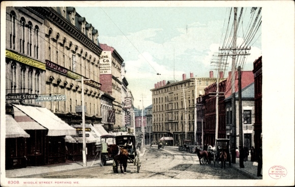 Ak Portland Maine VS, Middle Street, paardenkoets, ijzerhandel, koffers