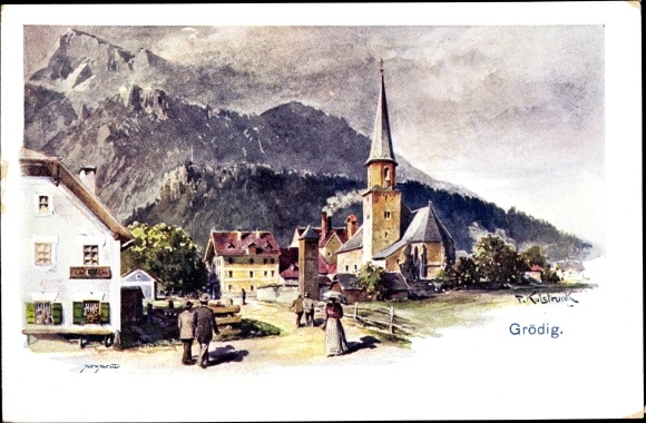 Artist PC Kulstrunk, F., Grödig in Salzburg, partial view of the village, church, mountains