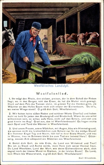 Postcard Westphalian country idyll, farmer, cows, Westphalian song, you like the Rhine...
