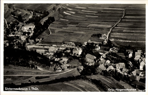 Postcard Unterneubrunn Schleusegrund Thuringia, aerial view of rural building structure, fields, Wä