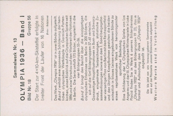 Obraz kolekcjonerski Igrzyska Olimpijskie 1936, Igrzyska Zimowe, start sztafety narciarskiej