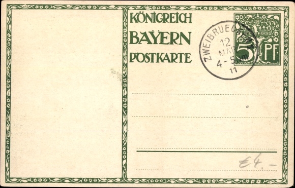 Postwaardestukken kunstenaarskaart Diez, M., prins-regent Luitpold van Beieren 1911, 5 Pfennig