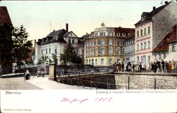 Postcard Werdau in Saxony, intersection of Leipziger Straße, Ronneburger Straße, Crimmitschauer Straße