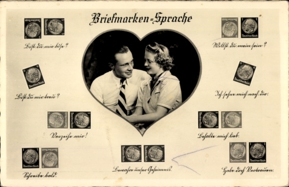 Ak Briefmarkensprache, Liebespaar, Willst du mein sein, Verzeihe mir