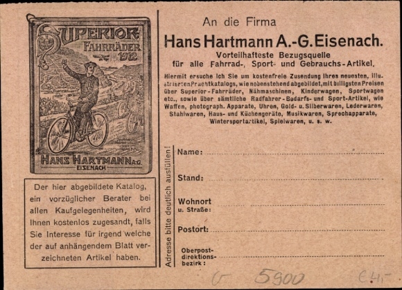 PC Lutherstadt Eisenach Thuringia, Hellthal, with illustration of bicycles, catalog request, company
