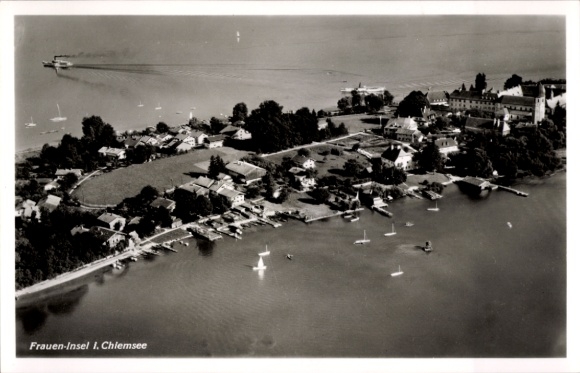 Postcard Fraueninsel Chiemsee Upper Bavaria, panorama, aerial photograph
