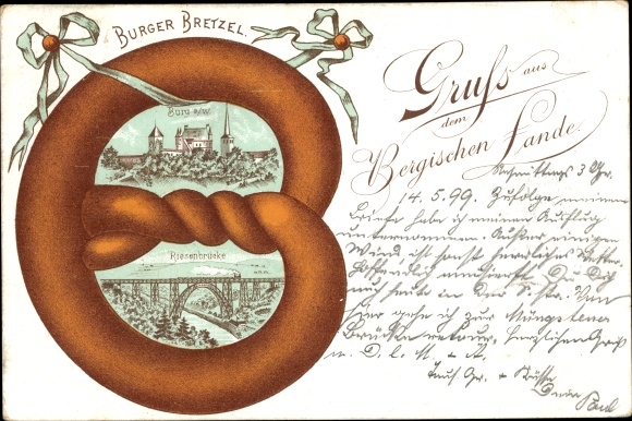 Brezel Chromo-Litho Burg an der Wupper Solingen, Riesenbrücke, view of the place