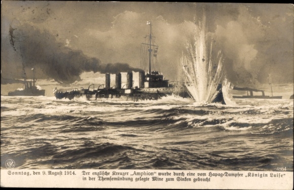 Postcard English cruiser Amphion sunk by sea mine, steamer queen Luise, HAPAG