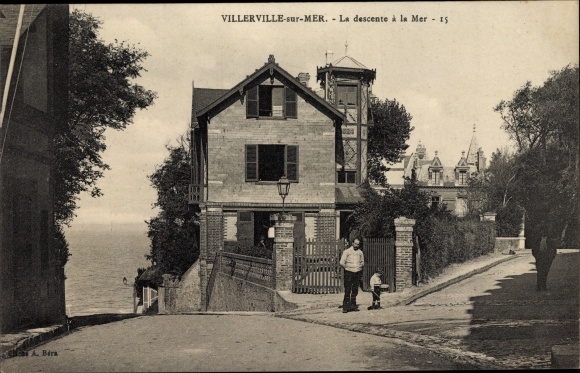 Postcard Villerville sur Mer Calvados, the Descent to the Sea, Weg zum Strand, Ortspartie