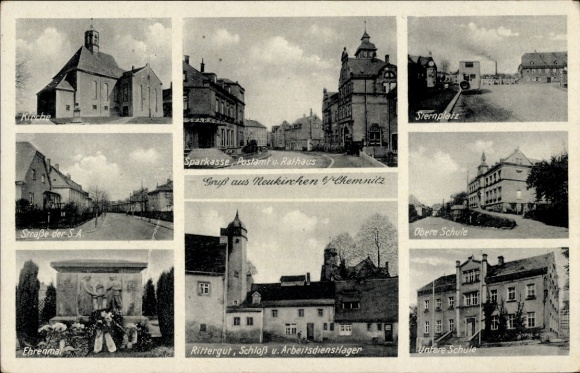 Ak Neukirchen im Erzgebirge, Straße der SA, Sparkasse, Postamt, Rathaus, Ehrenmal