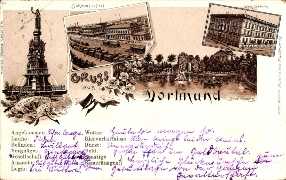 Litho Dortmund im Ruhrgebiet, Kriegerdenkmal, Bahnhof mit Post, Kronenburg, Gymnasium