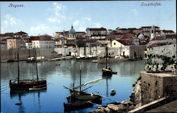 Postcard Ragusa Dubrovnik Croatia, city harbor