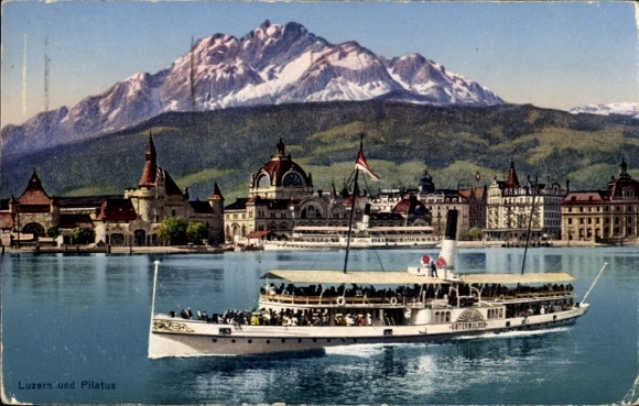 Postcard Lucerne city Switzerland, Pilatus, steamer Unterwalden