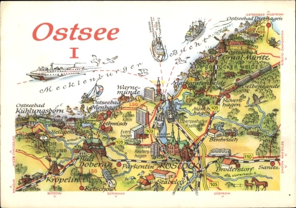 Postcard Hanseatic City of Rostock, map view of the Baltic Sea, city names such as Kühlungsborn, Graal-Müritz