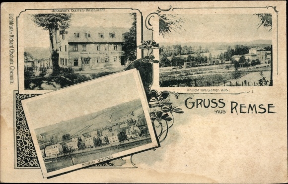 Postcard Remse an der Mulde, Schnabel's garden restaurant, panorama, middle district