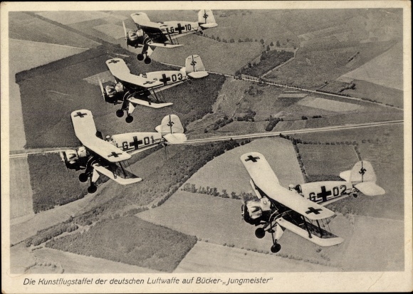 Postcard German Air Force, aerobatic team on a Bücker Jungmeister Bü 133