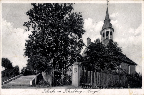 Postcard Kirchberg in Saxony, church, entrance steps, fence, lantern, trees, historical style