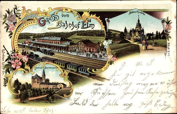 Chromo-Litho Elm Schluechtern in Hesse, train station, track side, Brandenstein Castle, Ramholz Castle
