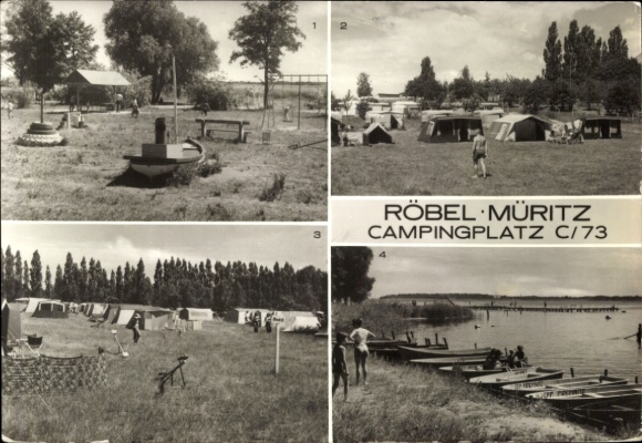 Postcard Röbel an der Müritz, campsite, children's playground, view of the seaside resort, tents, bicycles