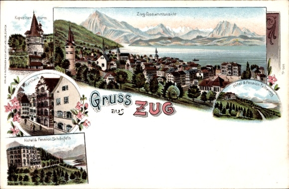 lito Zug City Szwajcaria, widok ogólny, wieża Kapucynów, hotel i pensjonat Schönfels, ratusz
