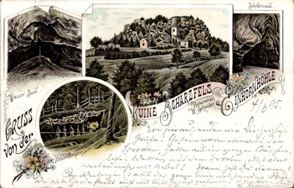 Chromo-Litho Bad Lauterberg in the Harz Mountains, Scharzfels Ruins, Unicorn Cave