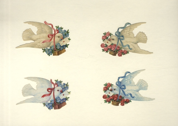 4 wafers of white doves carrying letters and flower baskets, size approx. 5.5 x 8 cm each