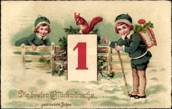 Chromo-Litho Happy New Year, Children, Squirrel