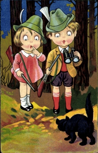 Artist Postcard Children as hunters meet a black cat in the forest