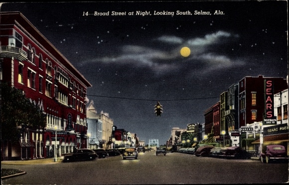 Maanlicht Ak Selma Alabama, Broad Street 's nachts