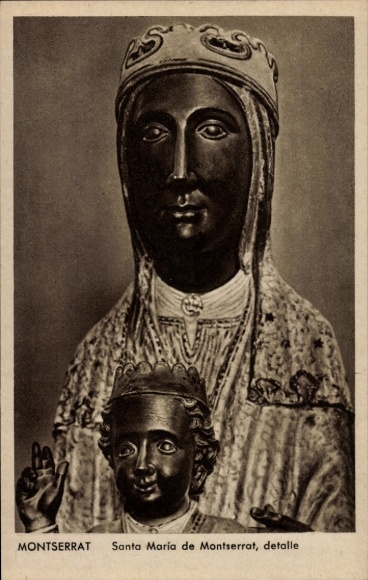 Ak Montserrat Katalonien, Darstellung der Santa María de  Detailaufnahme, religiöse Figur