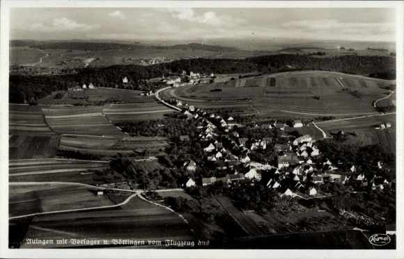 Ak Auingen Münsingen, Fliegeraufnahme, Löttingen, Wohnsiedlung, Felder