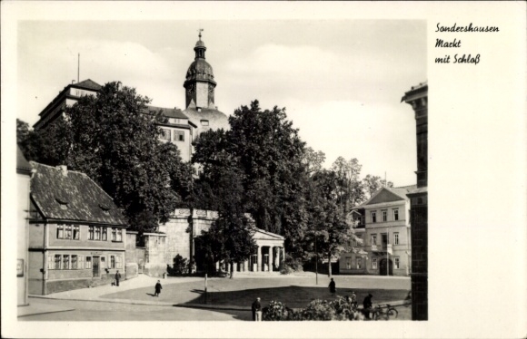 Postcard Sondershausen in the Kyffhäuserkreis Thuringia, castle, architecture, trees, city view, black