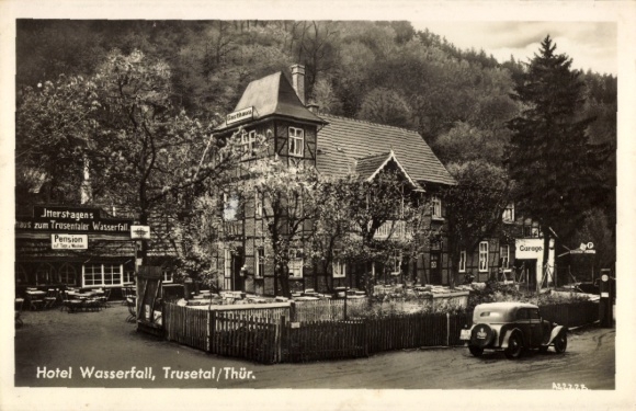 Ak Trusetal in Thüringen, Hotel Wasserfall, Trusetal/Thür, Pension, Garage, alte Fotografische Da
