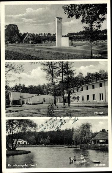 Ak Mittwald Espelkamp in Ostwestfalen Lippe, Südtor, Internat, Badeteich
