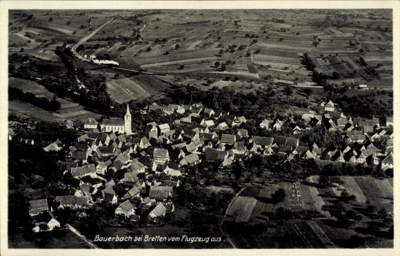 Postcard Bauerbach Bretten in Baden, aerial view of Bauerbach, houses, church, green fields