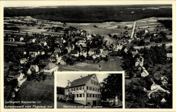 Postcard Neuweiler im Schwarzwald, aerial view of Neuweiler, Black Forest, Gasthaus zum gold. Lamm
