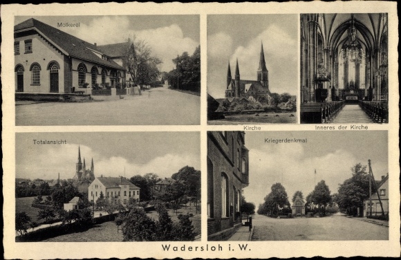 Postcard Wadersloh in the Warendorf district of North Rhine-Westphalia, church, interior view, war memorial, dairy