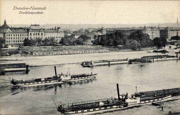 Postcard Dresden Neustadt, Epiphany School, Albert Senewald Warehouse, Elbe Steamer Tetschen