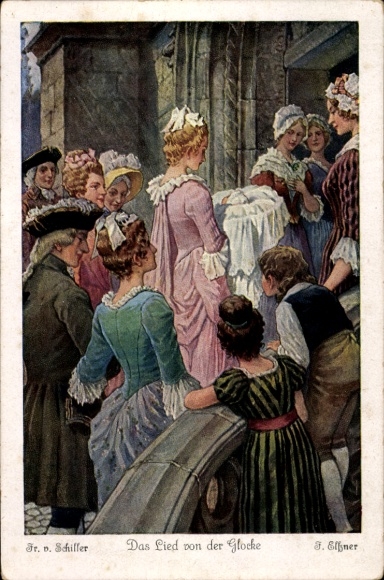 Künstler Ak Elßner, F., Das Lied von der Glocke von Schiller, Taufe, Eintritt in die Kirche