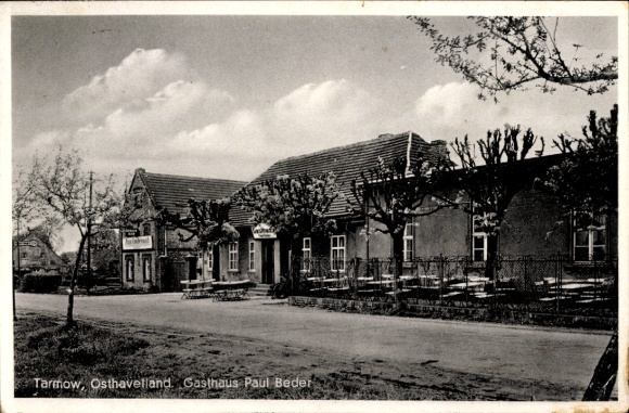 Postcard Tarmow Fehrbellin in Brandenburg, Gasthaus zum Lindenwirt by Paul Beder, Kraftpost stop