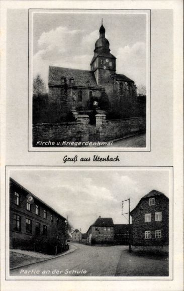 Postcard Utenbach Apolda in Thuringia, church, war memorial, school