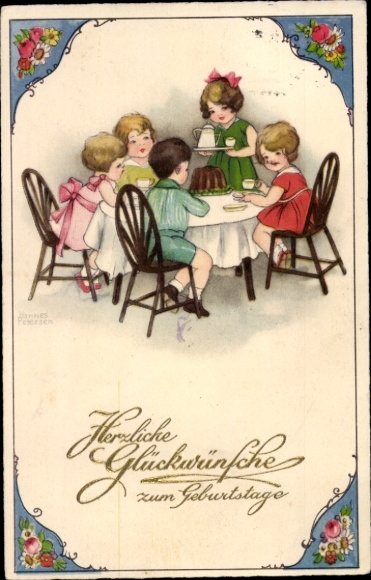Postcard Happy Birthday, children at the dining table