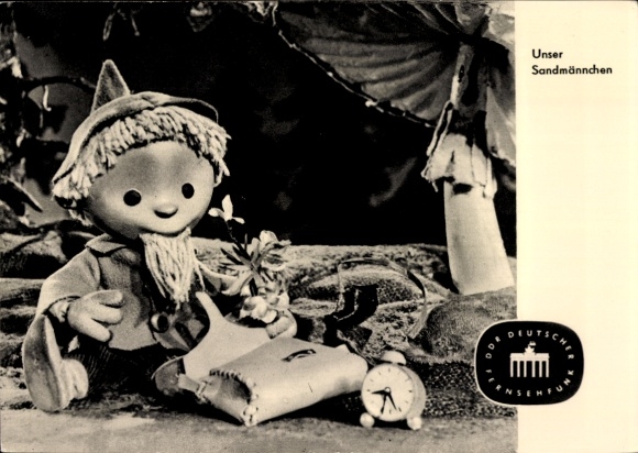 Postcard Our Sandman, Sandman, GDR children's television, alarm clock, mushroom, bag, S 8/63