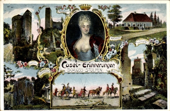 Postcard Stolpen in Saxony, portrait of Anna Constantia Countess of Cosel, basalt rock, birthplace