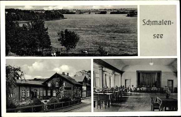 Ak Schmalensee in Holstein, Gasthof Voss, buiten- en binnenaanzicht, uitzicht op het meer