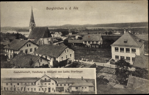 Postcard Burgkirchen an der Alz Upper Bavaria, panorama, inn, shop and bakery