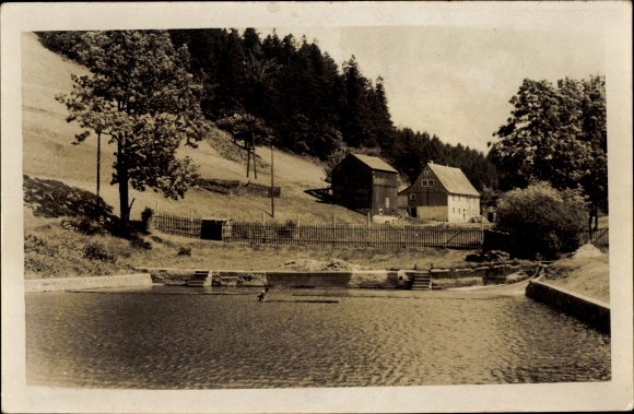 Postcard Dönschten Dippoldiswalde Eastern Ore Mountains, water basin, residential buildings