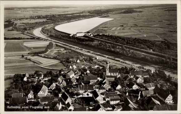 Postcard Kellmünz on the Iller Swabia, aerial view of river landscape and buildings